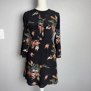 Amour Vert 100% Silk Bell Sleeve Floral Mini Dress S Black Tie Waist Feminine